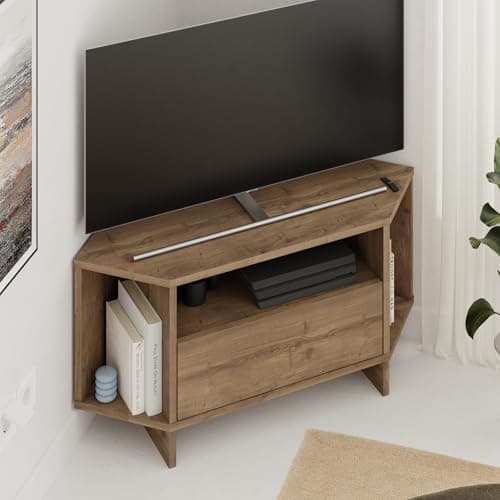 Image of HOCUS PICUS Modern Corner TV Unit up to 40 Inch TVs, Push to Open Door TV Storage Cabinet and 3 Open Shelves, 95.7(H) cm TV Table for Living Room, Bedroom (Dark Oak Effect)