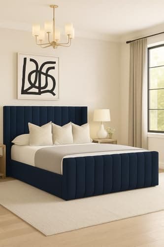 Image of Innovative Wiing Panel Plush Velvet Bed Frame | UK Handmade Royal Design | Optional Gas Lift Storage & Mattress (Navy Blue Plush, Small Double 4ft Bed Frame)