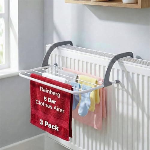 Image of Rainberg 5 Bar Radiator Clothes Airer Rack, Foldable Airer with Adjustable Arms, Laundry Dryers Clothes, Hanging Drying Rack (Pack of 3)