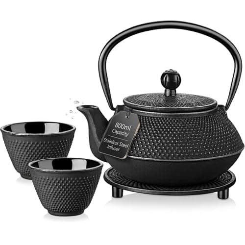 Image of Gr8 Home 5 in 1 Cast Iron Teapot Set 800ml | Japanese Style Tetsubin Teapot with Infuser, Cups & Trivet | Tea Set for Adults Stovetop Tea Pot | Afternoon Tea Set with Tray | Black