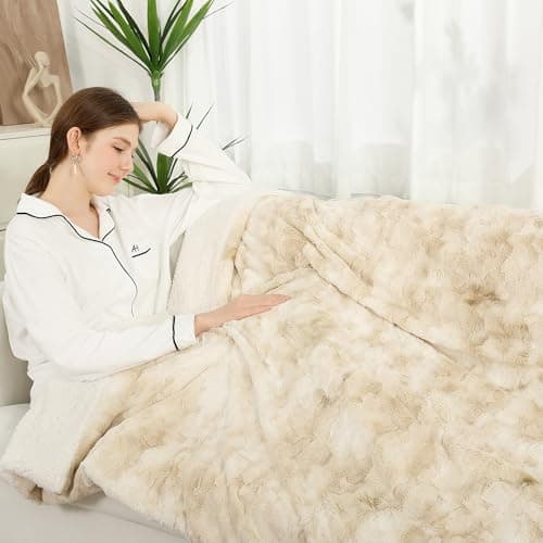 Image of ESTINGO Electric Blanket 200x150cm, Fluffy Tie-Dye PV Fleece & Sherpa Reverse, 6 Heat Settings, 10H Timer Auto Off, Fast Heating, Machine Washable, Energy Saving, CE & UKCA Certified, Cream White