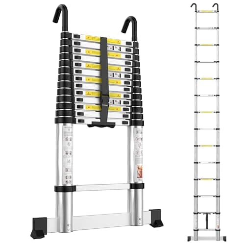 Image of Telescopic Ladder 4.1M Aluminium Extension Extendable Loft Ladder with Stabilizer Bar and Detachable Hooks for Roof Loft Caravans RV