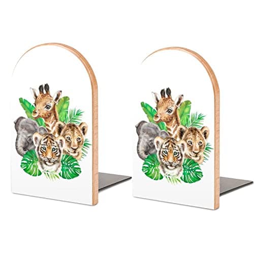 Image of Book Ends Safari African Animals Bookends for Shelves to Hold Books Heavy Duty Non-Slip Book Stoppers Wood Decorative Home Office