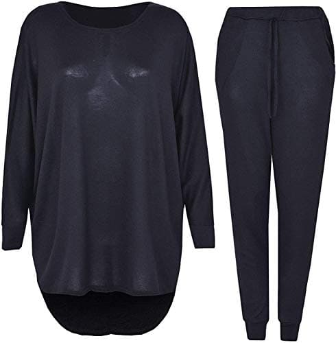 Image of ZEE FASHION 2 Piece Track Suit Set High Low Top and Bottoms Casual Loungewear Sweatshirt Jog (Black High Low Top Bottom, XXL (UK-Size 28-30))