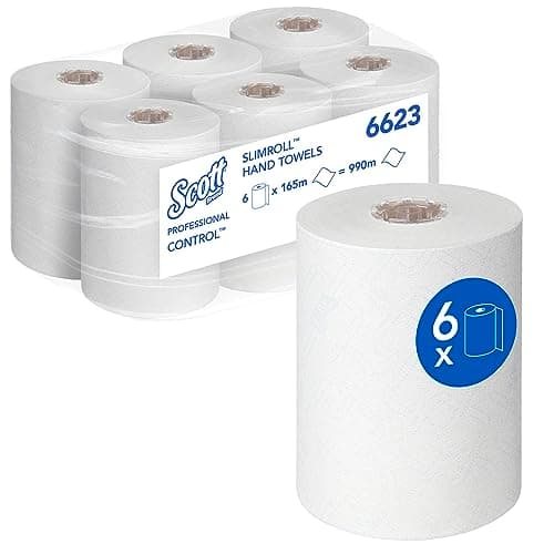 Image of Scott® ControlTM SlimrollTM Hand Towels 6623 – Blue 1-Ply Rolled Paper Towels for Hygienic Hand Drying in Compact Spaces – Food Contact & EU Ecolabel Certified – 6 Rolls x 165m (990m Total)