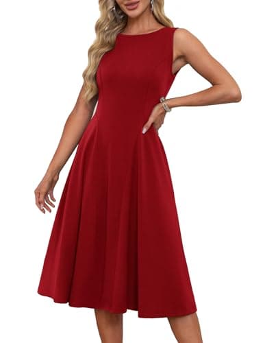 Image of GRACE KARIN Women's Elegant A-Line Slim Fit Cocktail Dress 1980s Vintage Retro Midi Dresses Sleeveless Rockabilly Dresses with Pockets Red M