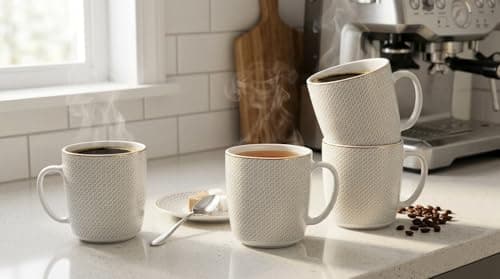 Image of Waterside 4pk Diamond Design Porcelain Mugs with Gold Band; 4 Mugs