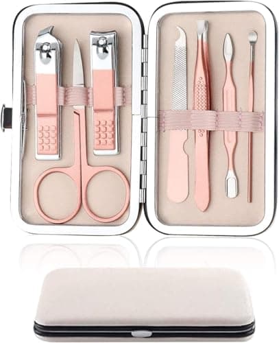 Image of Nail Clipper Manicure Set, 7 In 1 Stainless Steel Professional Pedicure Kit Nail Scissors Grooming Kit with Black PU Leather Case for Travel & Home Use (Pink Leather)