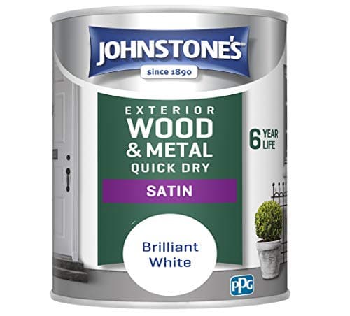 Image of Johnstone's - Quick Dry Satin - Brilliant White- Satin Finish - Exterior Wood & Metal - Resistant to cracking & peeling - 6 years of life - 12m2 Coverage per Litre -750 ml (Pack of 1)