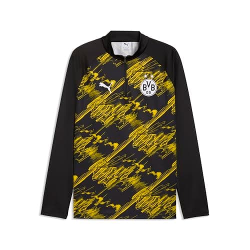 Image of Puma Men's Borussia Dortmund Warm Up 1/4 Zip Top, Puma Black-Faster Yellow, Medium
