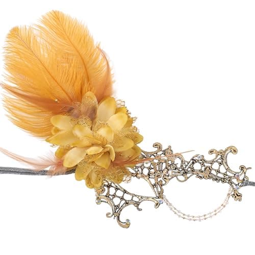 Image of ETOFETE 1920s Long Feather Lace Masquerade Mask for Women Half Face Eye Mask for Halloween Costume Party Proms Cosplay Accessories