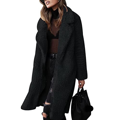 Image of Sherpa Jacket Womens Long Fluffy Jacket Ladies Teddy Coats for Women Warm Fleece Jacket Teddy Bear Jackets for Women Lady Fleece Jacket Coats Casual Lapel Long Sleeve Fleece Faux Fur Jacket Black S