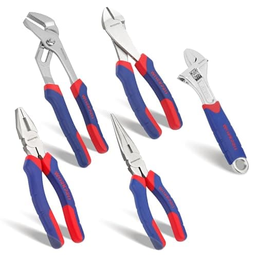 Image of WORKPRO 5-Piece Pliers Set, Includes 250 mm Water Pump Plier, 200 mm Combination Plier, 200 mm Long Nose Pliers, 180 mm Diagonal Cutter, 200mm Adjustable Wrench, with Soft Grip Handles