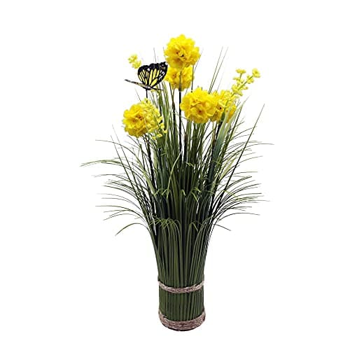 Image of HASWITDA Artificial Faux Floral Grass Bouquet Small Fake Flower Plant Arrangements Free Standing Table Centrepiece Decoration Outdoor Garden Indoor Home Office Hotel Party Wedding Ornament Yellow