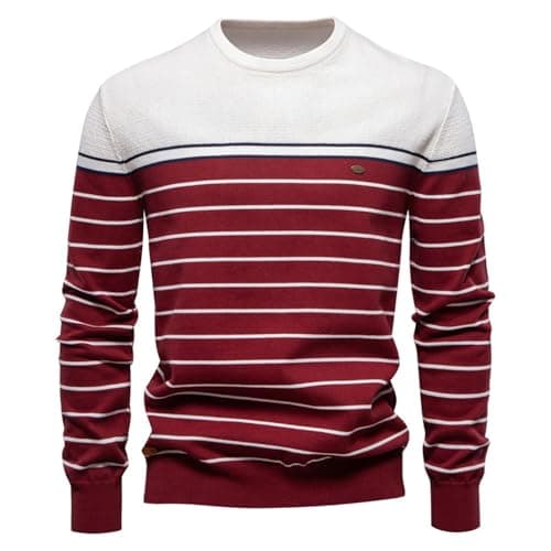 Image of Foweknow Men's Crew Neck Striped Autumn Winter Jumper Colour Block Casual Long Sleeve Sweatshirt Jacket Fashionable Trendings Knitted Jumper Regular Fit Work Jumper Undershirt, beige, M