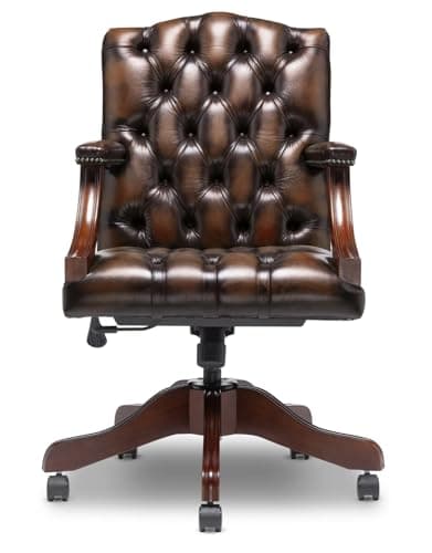 Image of Chesterfield Swivel Desk Chair – Leather Office Chair | Handmade Executive Desk Chair with Tufted Back, 360° Swivel, Tilt & Solid Wood Mahogany Base (Dark Brown)