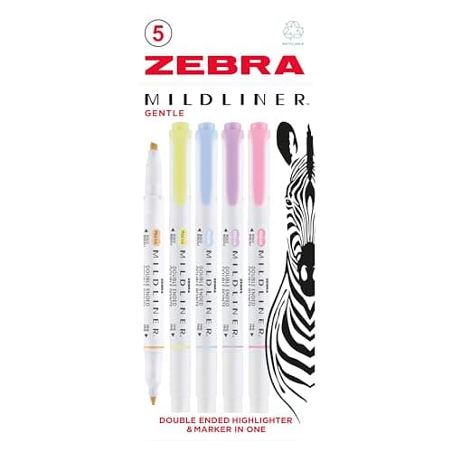 Image of Zebra Pen Dual Tip MILDLINER Gentle Highlighters & Colouring Pens 5pk - Double Sided Felt Tip Pens with 4mm Broad Chisel Tip & 1mm Fine Bullet Tip, Assorted Pastel Highlighter Colours - 5 Pack