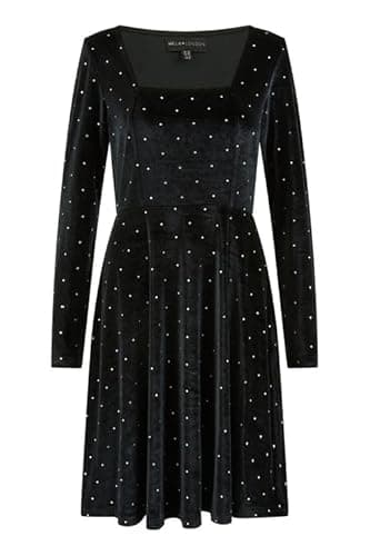 Image of Mela Black Velvet Skater Dress, Long Sleeve with Diamante Detail, Square Neck (UK, Numeric, 12, Regular, Regular, Black)