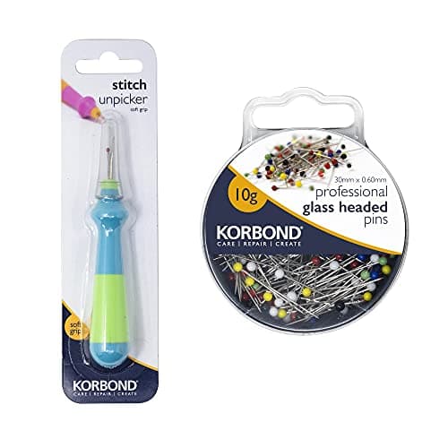 Image of Korbond Seam Ripper & Glass Head Sewing Pins - 12cm Stitch Unpicker & 10g Professional Sewing Pins (Approx. 100pcs) – Large Handled Stitch Unpicker with Comfort Grip & Protective Cap