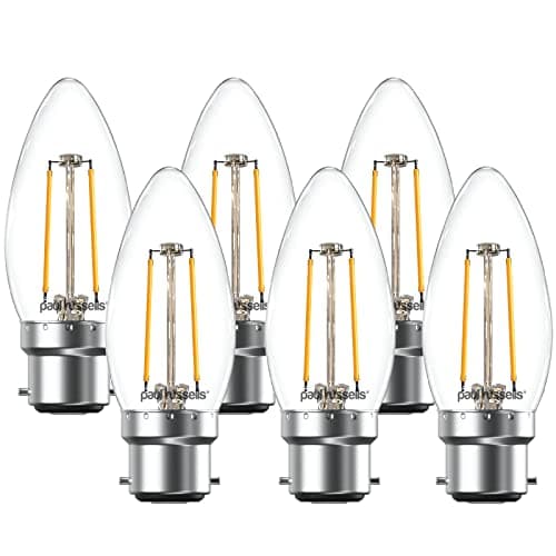 Image of paul russells LED Candle Filament Light – 2.5W 25W Equivalent Replacement, 250LM Lumens, 2700K Warm White, BC B22 Bayonet Cap C35 Bulbs – Bright Energy Saving Non-Dimmable Lamps - Pack of 6