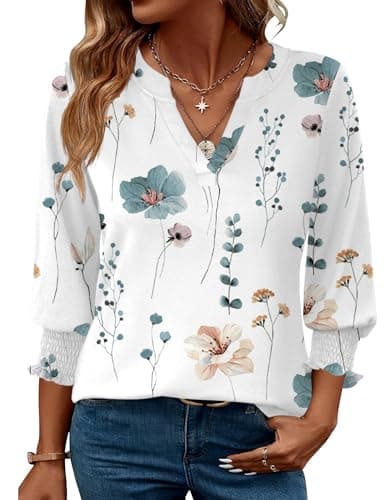 Image of Rapbin Ladies Blouses 3/4 Length Sleeve Elegant V-Neck Summer Casual Tunic Tops for Women Business Shirts (12-14, White Blue Floral)