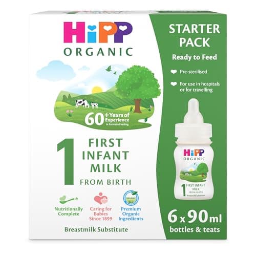 Image of HiPP Organic 1 First Infant Baby Milk Ready to Feed Liquid Formula Starter Pack, From Birth (6 x 90ml bottles)