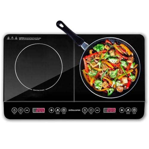 Image of Andrew James Induction Hob Cooker 2000W, Portable Electric Hob with Hot Plate | Electric Induction Cooker with Touch Controls & 10 Heat Settings, Portable Stove (Double Black)