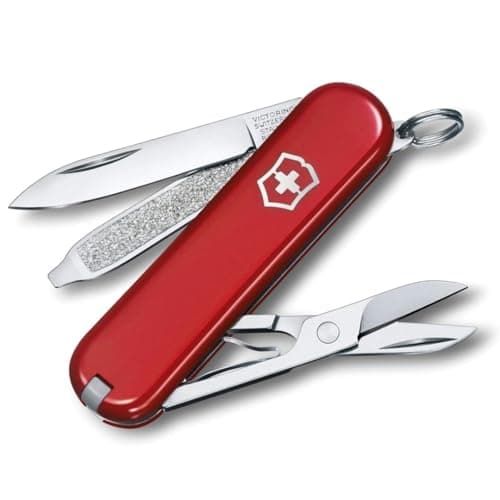 Image of Victorinox Classic SD Mini Swiss Army Knife, Camping Pocket Knives, 7 Functions, Blade, Keyring, Red