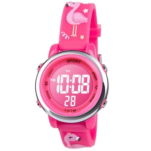 Image of Vicloon Kids Watch, Toddler Digital Watch LED Electrical Watches 7 Color Lights with Alarm Stopwatch Flamingo Valentine's Day Gift for 3-10 Year Girls (Rose Red)