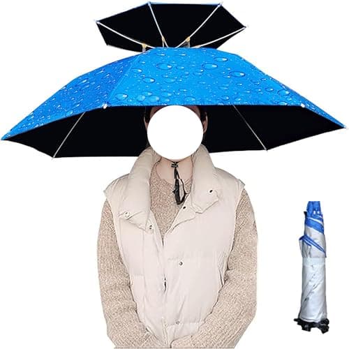 Image of SUQ Windproof Head Umbrella Hat, Sunscreen Fishing Umbrella, 95cm Headwear Umbrellas Head Hats, Outdoor Handfree, Protection Folding Umbrellas Hats for Golf, Fishing, Gardening (Blue)