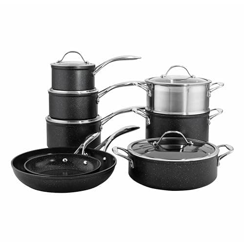 Image of ProCook Professional Black Granite Induction Hob Pots & Pans Set Non-Stick Saucepan Set Cookware Induction Pans - 8 Piece, 14/16/18/20/24/28 cm, 1.2/1.8/2.5/3.5 L