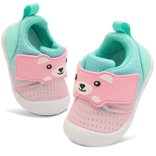 Image of JOINFREE Baby Walking Wide Shoes Infant Boys Girls Breathable Barefoot Shoes Crib Tennis Shoes Lightweight Non-Slip Sneakers First Walkers Pink Green 6-12Months