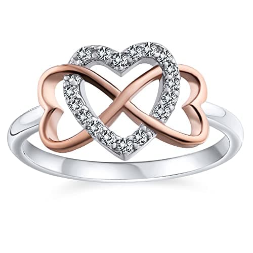 Image of Romantic Two Tone Pave CZ Accent Cubic Zirconia Crossover Intertwined Infinity& Heart Promise Ring For Women Rose Gold Plated .925 Sterling Silver