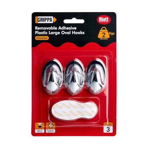 Image of GRIPPA Self Adhesive Large Oval Hooks, Removable Sticky Hooks, Holds Up to 2kg - Chrome Pack of 3