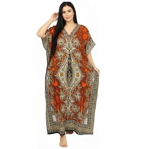 Image of Sweet Needle Deals Women’s Maxi Kaftan Dress - Long Kimono Style Tunic for Beach, Loungewear & Parties - Loose Fit Boho Cover Up, One Size (Orange-Gold)