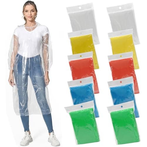 Image of MOKANI Rain Poncho for Adults, 10 Pack Waterproof Poncho, Disposable Light Weight Rain Poncho with Drawstring Hood for Women & Men, Transparent Emergency Raincoat for Camping, Hiking, Theme Parks