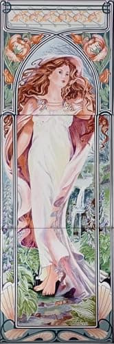Image of Rainbow Decors Melissa Whispers of the Waterfall Ceramic Tile Wall Mural 3 Tiles 6" Art Nouveau Style Decorative Fireplace Backsplash Hand Decorated in UK (Available Left or Right)
