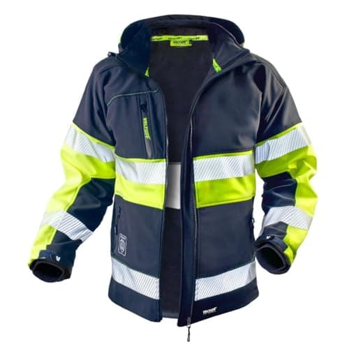 Image of VELTUFF Protex1 Softshell Jacket – Men’s High Visibility Safety Workwear Coats with Protective Reflective Tape (UK, Alpha, L, Regular, Regular, Navy/Yellow)