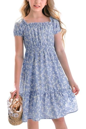 Image of Haloumoning Girls' Dresses Square Neck Floral Dress Dresses Summer Puff Sleeves A-line Midi Dress Kids Party Dress, Blue, 5-6 Years