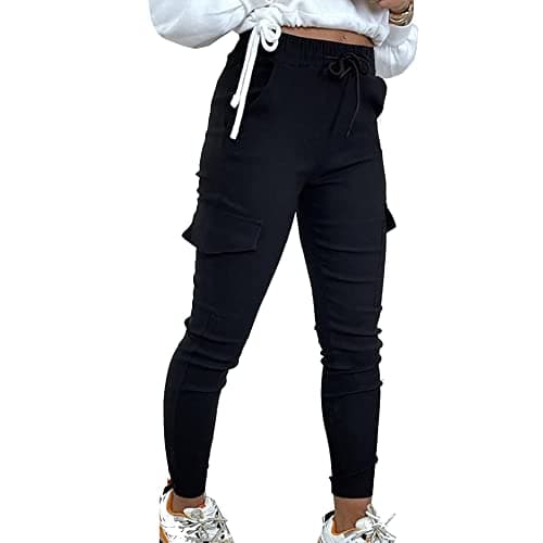 Image of Want Clothing Women's Denim Look Casual Stretch FIT Slimming Cargo Combat Pants (as8, Alpha, l, x_l, Regular, Regular, Black, L-XL, Fitted)