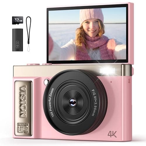 Image of 4K Digital Camera Pink for Girls Teens: 64MP Vlogging Camera with Flip Screen - 16X Zoom - Cute Compact Cam for Photography and YouTube – Aesthetic Point and Shoot Gift for Ages 8-18