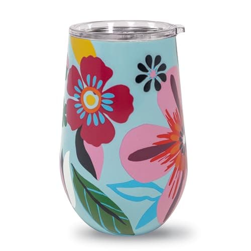 Image of kate spade new york Insulated Stainless Steel Wine Tumbler, 16 Ounce Double Wall Tumbler, Pink Stemless Travel Cup with Lid, Safari Floral