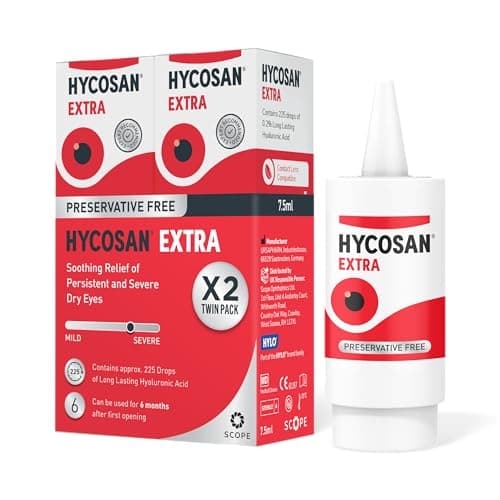 Image of Hycosan Extra - Twin Pack - Eye Drops with Hyaluronic Acid for Soothing Relief of Severe and Persistent Dry Eyes - Contact Lens Compatible - Preservative Free - 2 x 225 Measured Doses