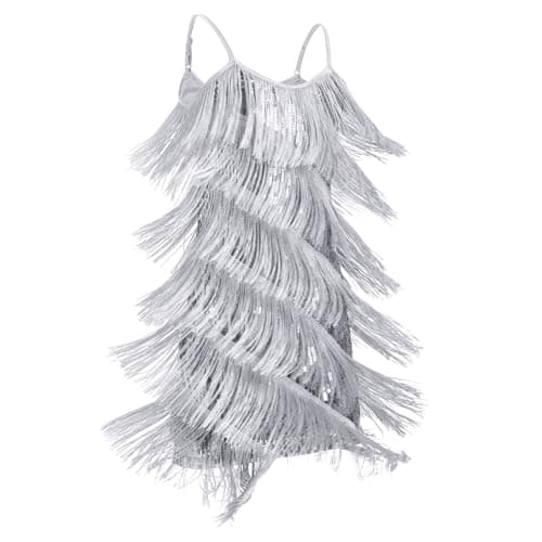 Image of EFOGEP Girls Latin Dance Dress Tassel Fringe Dress, Sparkly Sequin Flapper Style 1920s Gatsby Dance Dress for Kids Ballroom Party Performance Silver 7-8 Y