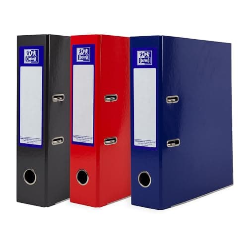 Image of Oxford A4 Lever Arch Files, 3 Pack of Glossy Filing Folders, Durable Laminated Paper-on-Board, Red, Black & Blue