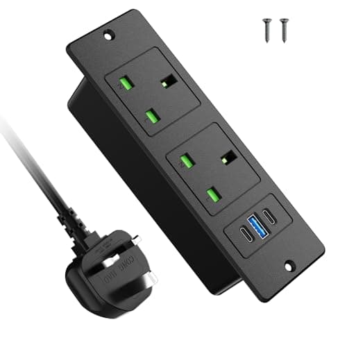 Image of Recessed Power Strip with 2 USB-C PD20W, Desk Power Socket with USB, Power Extension Lead 2 Outlets 2 Screws, Hidden in Furniture Desk Table, 2M/6.6FT Cable, Black