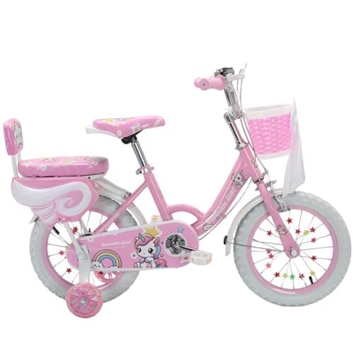 Image of Touch of Venetian 12" 14" 16" 18" 20" Girls Children Bike with Stabilisers Wheels Bell Kids Bike for Ages 2-9 Years Old Bicycle Multiple Colors Bow Pink Purple Unicorn Rainbow (Pink, 18 Inch)