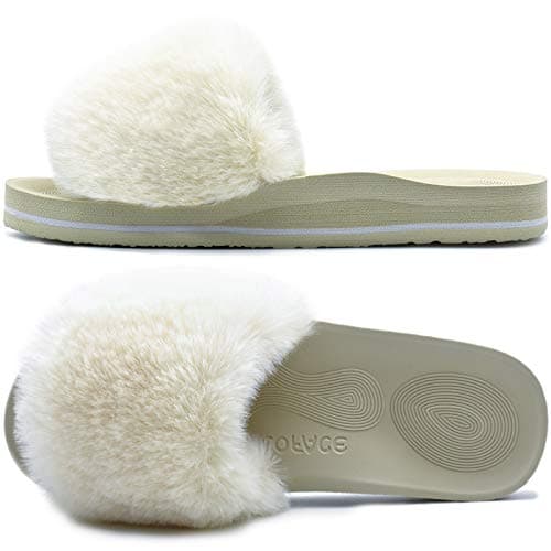 Image of COFACE Womens Slippers with Arch Support Open Toe Faux Fur Women Fluffy Sliders Size 5 Orthopedic Orthotic Ladies House Slippers for Plantar Fasciitis