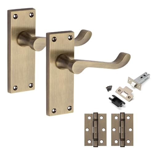 Image of Golden Grace 1 Pair Victorian Scroll Latch Door Handle Antique Brass 120 x 40mm with 2.5" Latch & Hinges