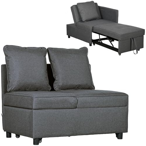 Image of HOMCOM Convertible Single Sofa Bed with Thick Padded Seat, 3-in-1 Multi-Functional Sleeper Chair Bed with Magazine Pocket, for Living Room, Grey